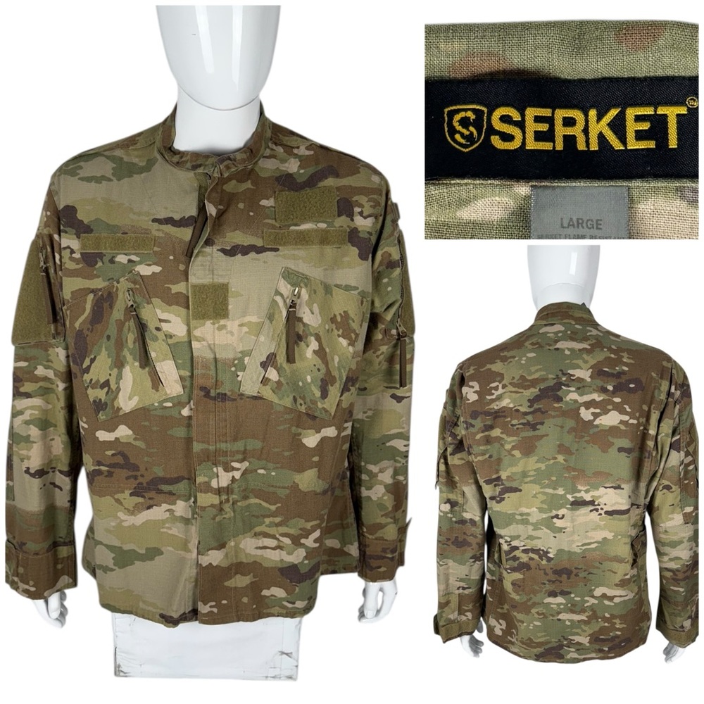 Serket Mens Large Shirt Jacket Camo Full Zip Hook & Loop Pocket Flame Resistant